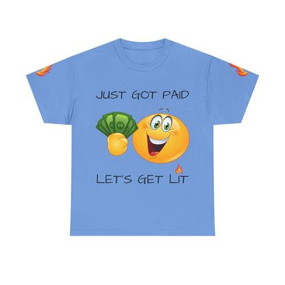 Just Got Paid Let's Get Lit Emoji Money Tee — Funny Payday Graphic T-Shirt